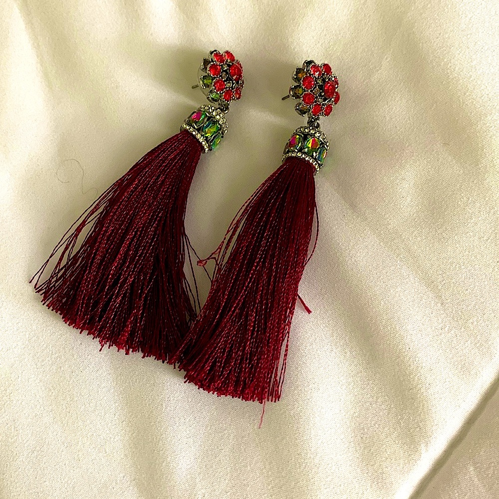 Nordstrom burgundy rhinestone & tassel earrings